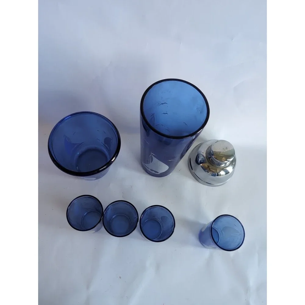 Hazel Atlas Cocktail Shaker Set Ice Bucket Glasses Cobalt Blue Sail Boat MCM Vtg